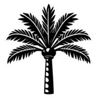 Stylized black and white illustration of a symmetrical palm tree, featuring detailed fronds, a bulbous crown, and a segmented trunk against a clean white background. vector