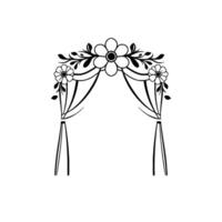Delicate black line art floral wedding arch with draped fabric and decorative flowers, perfect for invitations or event elements. vector