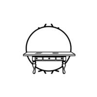 Minimalist Black and White Illustration of a Classic Desk Inside a Circular Frame with an Ornamental Top. vector