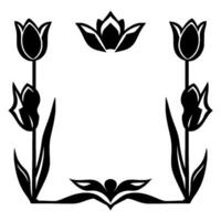 Elegant Black and White Floral Frame with Stylized Tulips and a Central Ornamental Motif, Suitable for Invitations, Decorative Elements, and Art. vector