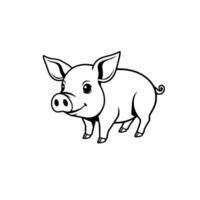 Adorable Cartoon Pig in Black and White, Smiling on a White Background, Minimalist Line Art. vector
