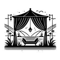 Elegant Black and White Illustration of a Relaxing Gazebo with Scenic Beach and Mountain View vector