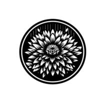 Black White Floral Emblem Intricate, symmetrical of a detailed chrysanthemum within a circular frame, highlighting contrast and elegance. vector