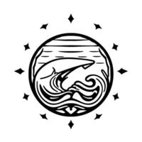 Stylized, minimalist illustration A sleek marlin leaping from ocean waves within a circle, surrounded by starburst elements, black and white. vector