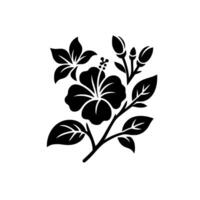A striking monochrome illustration featuring a hibiscus flower, buds, and leaves on a white background. vector