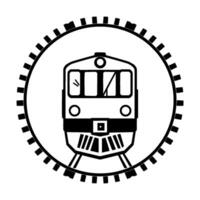 A frontfacing stylized black and white illustration of a train inside a circle made of cog wheel segments, conveying movement and transport. vector