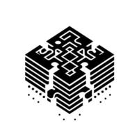 Isometric Puzzle Cube Black and White Illustration Featuring Interlocking Layers and Abstract Geometric Patterns. vector