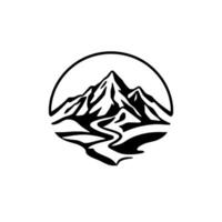 Minimalist Black and White Mountain Landscape Inside a Circle, Depicting Peaks and Winding River. vector