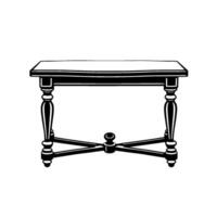 Elegant Black and White Drawing of a Classic Rectangular Table with Ornate Legs, Geometric CrossBrace, and a Clean Background. vector