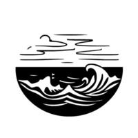 Stylized Black and White Ocean Scene in a Semicircle Waves Crashing Under a Cloudy Sky, Minimalist . vector