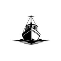 Black and white illustration of a fishing trawler at sea, facing the viewer, minimal with stylized water. vector