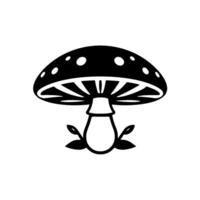 Simple, minimalist black and white illustration of a mushroom with a dotted cap and leaves at the base, on white background. vector