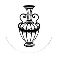 A symmetrical, minimalist black and white illustration of a decorative amphora with elegant handles and ornate details, set against a clean white background. vector