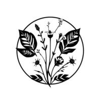Intricate black and white floral botanical arrangement contained within a circular frame, showcasing detailed leaves, flowers, and delicate stems. vector