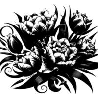 Intricate monochrome illustration of a bouquet featuring stylized tulips and foliage, rendered with detailed linework and a striking contrast. vector