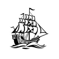Stylized Black and White Illustration of a Sailing Ship on Wavy Seas with Multiple Sails and Flags. vector