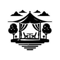 Minimalist Black and White Illustration of a Romantic Gazebo with Table and Chairs, Trees, Mountains, and Curtains. vector