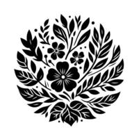 A symmetrical floral in black and white, featuring stylized flowers, leaves, and dots arranged in a circular pattern. vector
