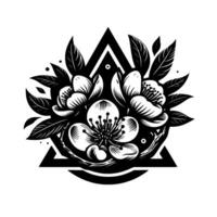 Monochrome Floral Emblem Cherry Blossoms Leaves Enclosed by Geometric Triangle and Circle vector