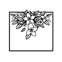 Black and white floral border with an array of stylized flowers and leaves, surrounding a blank rectangle. vector