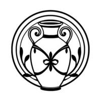 Elegant monochrome artwork of an ancient Greek vase within a decorative circular frame, stylized leaves and ribbon motifs. vector