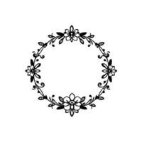 Intricate Black and White Circular Floral Frame with stylized flowers, leaves and elegant elements on a white backdrop. vector