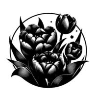 Engraved Black Tulip Bouquet in a Circular Frame with Detailed Petals, Leaves, and Stems on White Background, High Contrast. vector