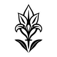 Elegant Black and White Floral Ornament in Minimalist Style with Pointed Leaves and Symmetrical on White Background. vector