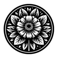 Intricate Monochrome Floral Mandala Detailed Symmetric Flower Within a Circular Frame on White, Isolated Decorative Art. vector