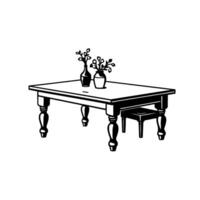 Illustration of a Black and White Rectangular Dining Table with Decorative Vases and a Small Stool, Set Against a White Backdrop. vector