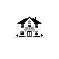 Simple Black and White Illustration of a TwoStory House with Balcony, Windows, and Small Garden Elements, in a Minimalist Style. vector