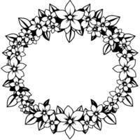 A floral wreath in black and white, featuring various blossoms and leaves in a circular frame, perfect for decorative or elements. vector