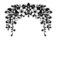 An elegant symmetrical floral arch illustration, featuring stylized white flowers and leaves on a black background, creating a decorative border effect. vector