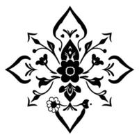 Symmetrical Black Floral Ornament with Directional Arrows and Detailed Leaves on a White Background. vector