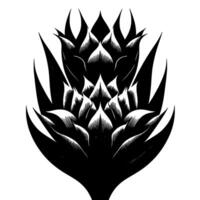 Intricate Black and White Floral Illustration Detailed symmetrical botanical artwork featuring a layered, stylized flower against a stark white background. vector