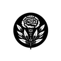 Intricate Black and White Floral Illustration A Carnation Within a Circular Frame, Showcasing Detailed Petals and Leaves. vector
