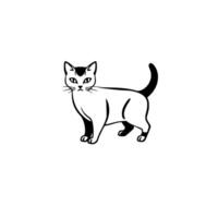 Minimalist Black and White Cat Illustration in a Standing Pose, With Distinctive Markings on Head, Tail, and Paws Against White Background. vector