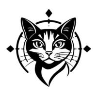 A stylized black and white cat face, central composition, circular geometric embellishments, elegant , expressive eyes. vector