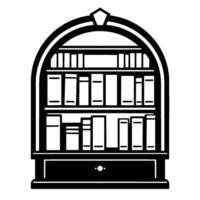A monochromatic, highcontrast illustration of a traditional bookcase filled with books, featuring a drawer and a decorative arched top. vector