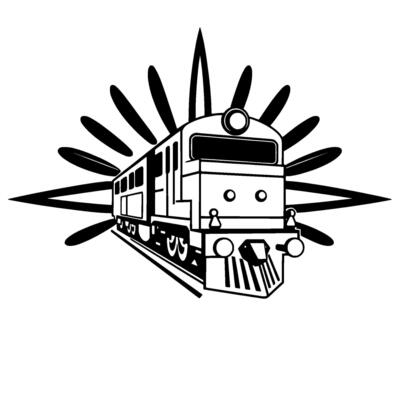 Stylized Black and White Train with Starburst, Geometric Silhouette, on Tracks, Isolated, Art