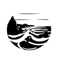 A minimalist black and white illustration of a serene coastal landscape, featuring rocky cliffs, rolling waves, and a distant shoreline, all within a halfcircle frame. vector