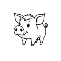 A charming, cartoonstyle, white piglet with black outline and large eyes, smiling and showing a curly tail against a plain white backdrop. vector