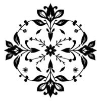 Symmetrical black floral with stylized blooms, leaves, and spider elements on a white background. vector