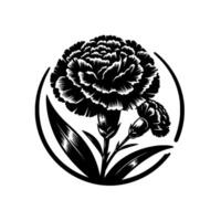 Elegant black and white illustration of a carnation flower arrangement enclosed in a circular frame, featuring intricate details and a classic style. vector
