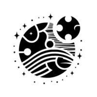 Stylized Cosmic Sphere with Stars, Moons, and Abstract Linear Patterns in Black and White, Futuristic vector