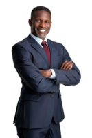 A black man in a suit and tie standing with his arms crossed png