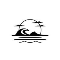 Minimalist black and white illustration of ocean wave cresting beneath clouds and sun, evoking peace and tranquility. vector