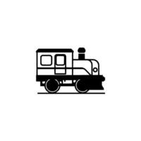 A simple, minimalist black and white illustration of a classic toy train with a boxy passenger car and a small steam stack, set against a clean white backdrop. vector