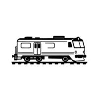 Black and White Minimalist Illustration of a Diesel Locomotive on Tracks, Featuring Details like Windows, Doors, and Coupler. vector