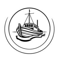 Black and white stylized illustration of a fishing boat, centered in a circular frame, with a simplified wave effect below, depicting a classic maritime emblem. vector